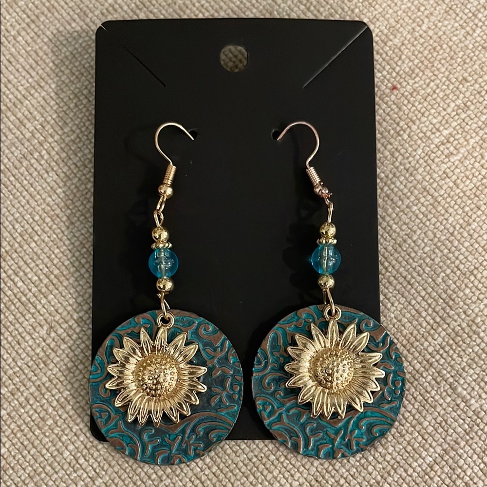 Gold and Teal Sunflower Dangle Earrings